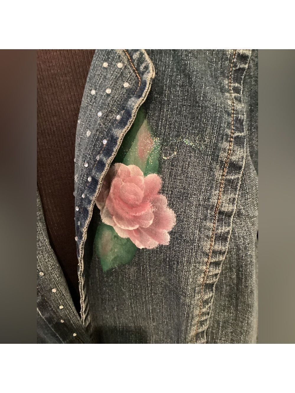a.n.a 3 button painted floral glitter embellished Jean jacket Woman’s size 2X - Picture 9 of 15
